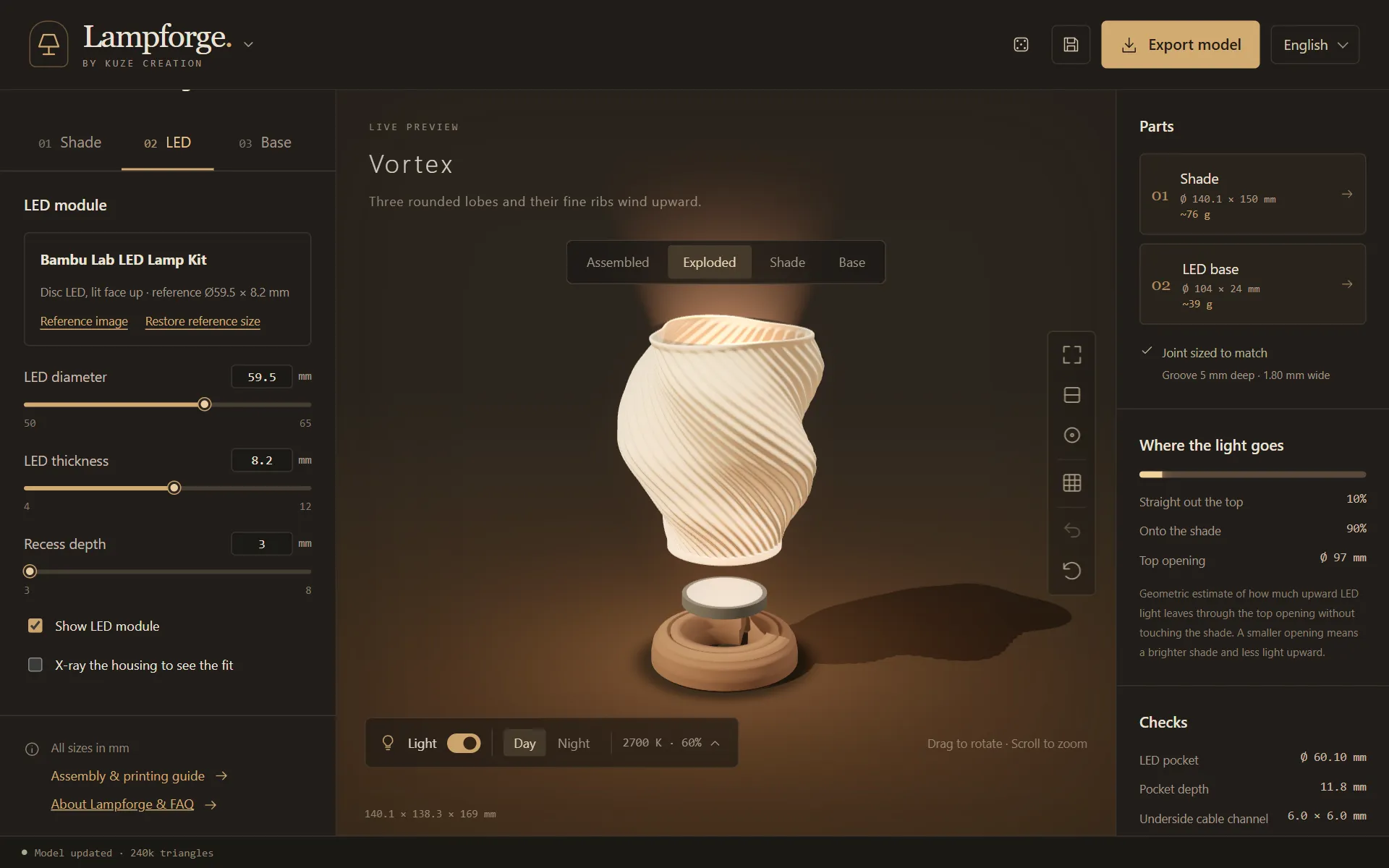 The LED tab in KUZE Lampforge: the Bambu Lab LED Lamp Kit reference, LED diameter 59.5 mm, thickness 8.2 mm and recess depth, with the lamp exploded so the LED lifts out of its pocket