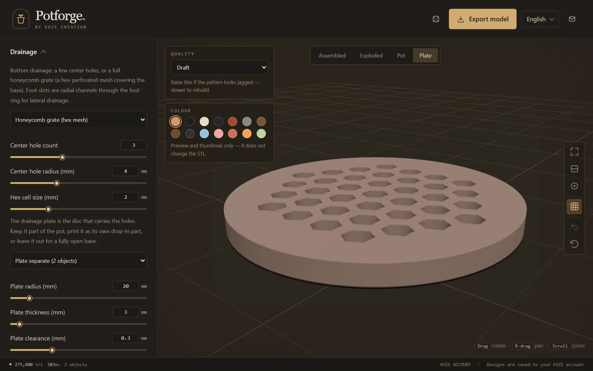 The Drainage panel in KUZE Potforge beside the Plate view: a round drainage plate with a honeycomb grate