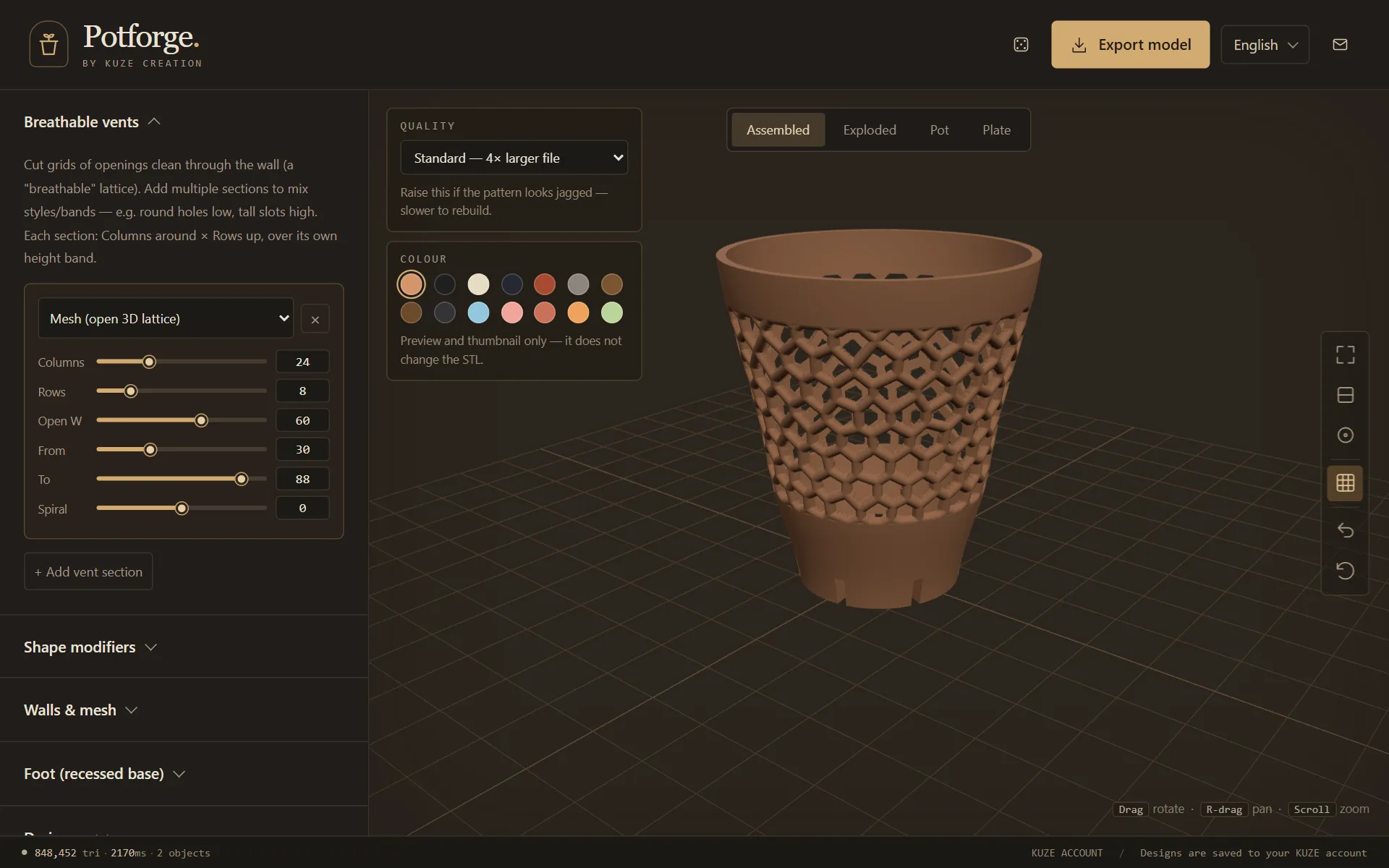 A KUZE Potforge pot with a Mesh breathable vent band: an open hexagonal lattice round the upper wall, beside the Breathable vents panel