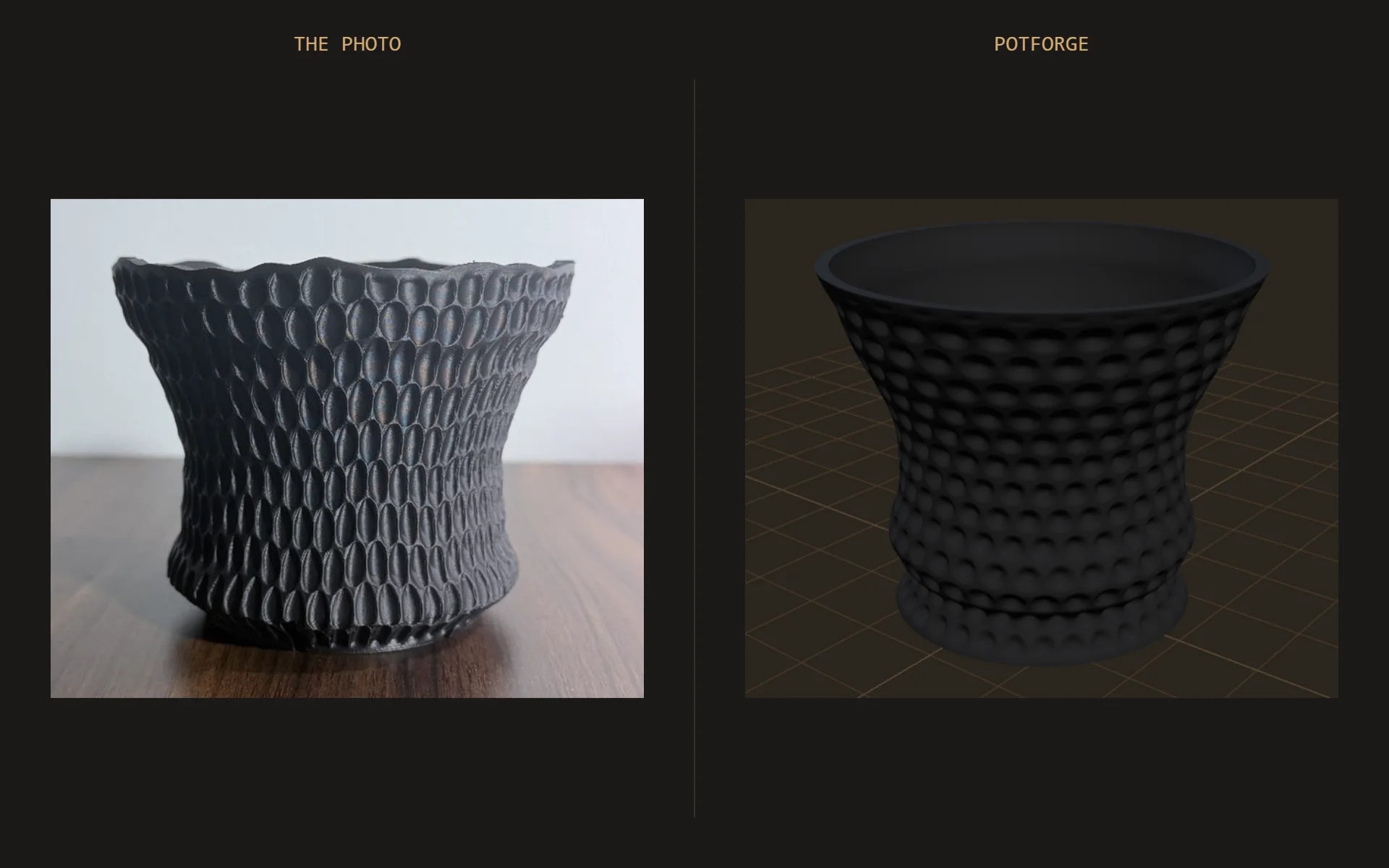 Side by side: the photo of the black honeycomb planter, and the pot KUZE Potforge built from it with the same waisted outline and a honeycomb surface